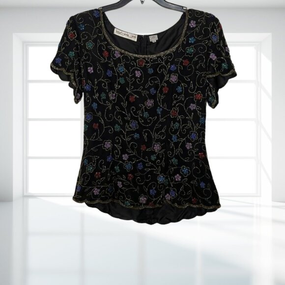 Scala XL Silk Beaded Floral Top – Vintage Evening Blouse with Scalloped Hem - Picture 1 of 12